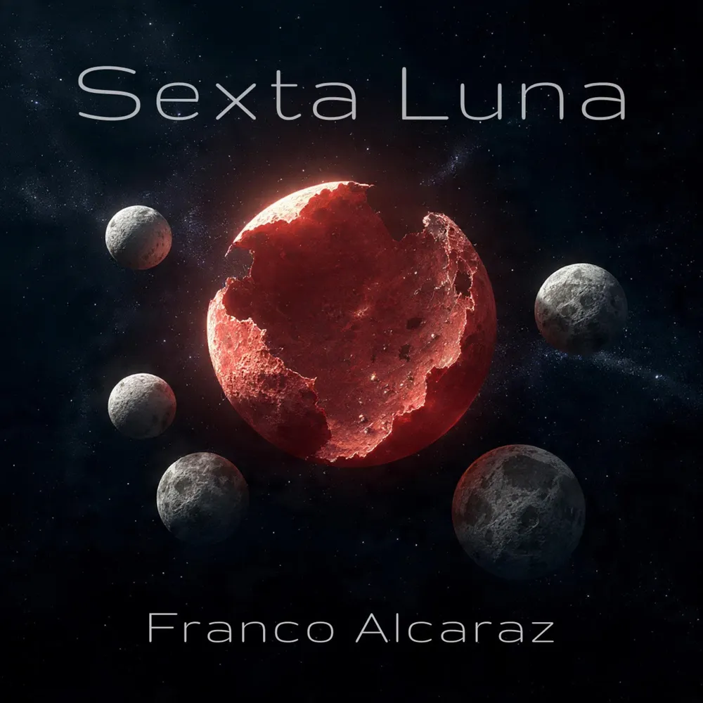 Una luna roja agrietada en el espacio, rodeada por cinco lunas grises.